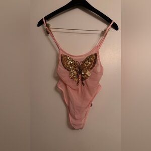 NWTS Pink Bodysuit with Gold Sequin Butterfly